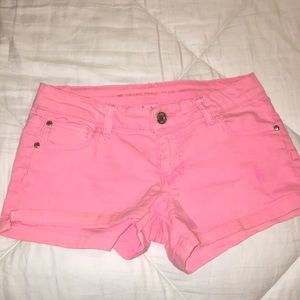 Neon pink denim shorts